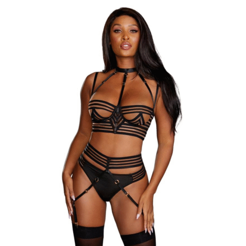 Zijde Gestreepte Bh, Garter Belt en G-String Set - M - Zwart