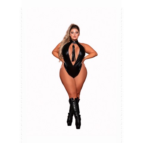 Faux Halter Teddy met Flogger - Plus Size - Zwart