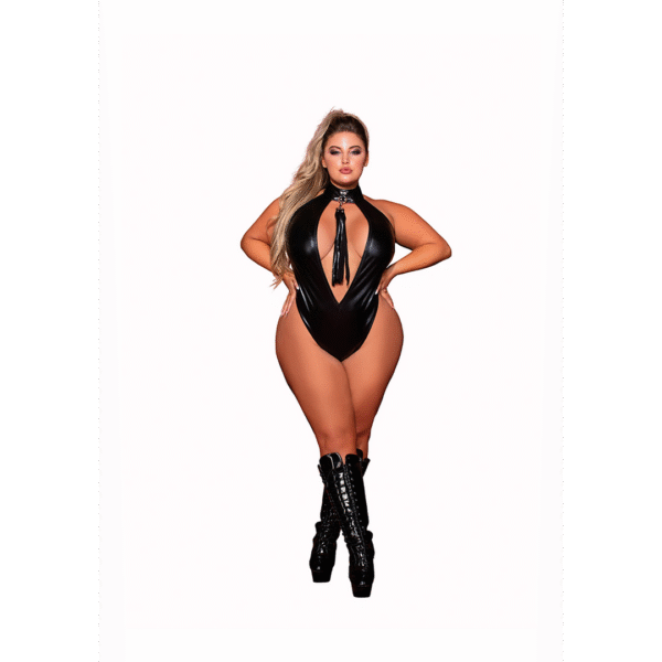 Faux Halter Teddy met Flogger - Plus Size - Zwart