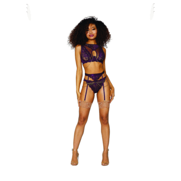 Dames Kant en Gaas 3-delige Set - L - Aubergine
