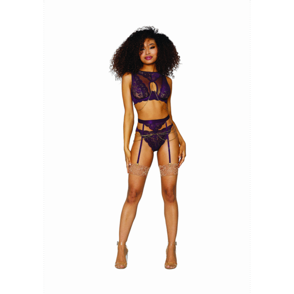 Dames Kant en Gaas 3-delige Set - L - Aubergine