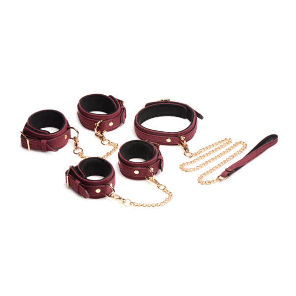 6-delige Velvet Burgundy Bondage Set met Cuffs, Collar en Belt - Afbeelding 3