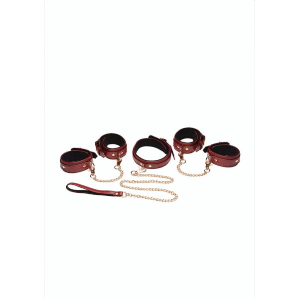 6-delige bordeaux bondage set met cuffs, halsband en riem - Afbeelding 3