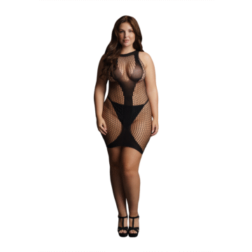 Hoge Hals Net Contrast Mini Jurk - Plus Size