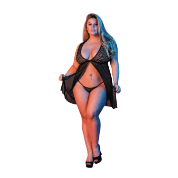 Babydoll met Open Rug en G-String Set - 2X - Zwart