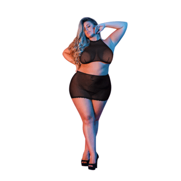 Polka Dot Mesh Halter en Rok Set - 2X - Zwart