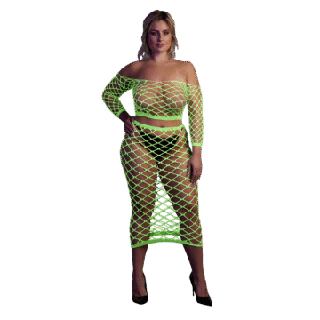 Langermige Crop Top en Lange Rok - Plus Size - Neon Groen
