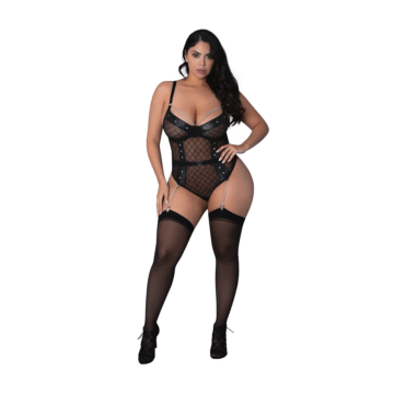 Phoenix - Diamant Gaas Teddy en Kousenband met Kettingen, Ringen en Studs - 2X - Zwart