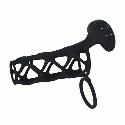 Vibrerende Kooi Silicone Penis Huls en Balring - Zwart