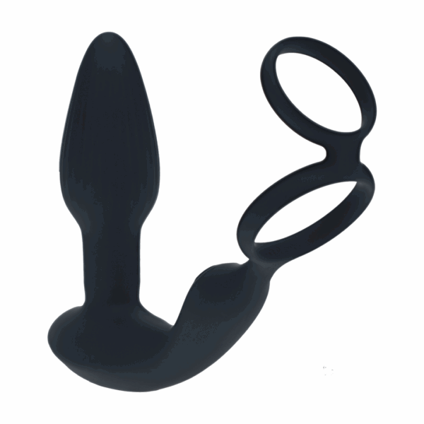 Dual Vibrating Remote Rotating Beads Silicone Prostate Stimulator with Cock and Ball Ring - Black