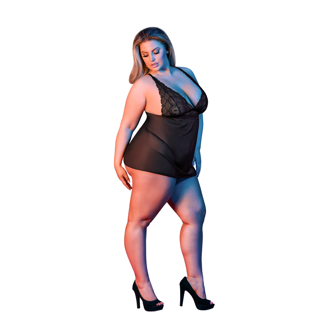 Babydoll met Open Rug en G-String Set - 2X - Zwart - Afbeelding 3