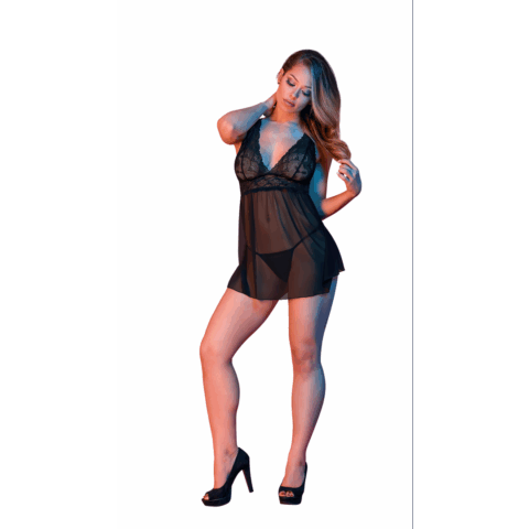 Babydoll met Open Rug en G-String Set - S/M - Zwart