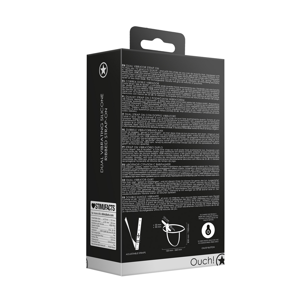 Dual Vibrating - Oplaadbaar - 10 Snelheden Silicone Ribbed Strap-On - Verstelbaar - Zwart - Afbeelding 3