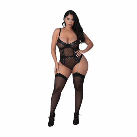 Phoenix - Diamant Gaas Teddy en Kousenband met Kettingen, Ringen en Studs - 2X - Zwart