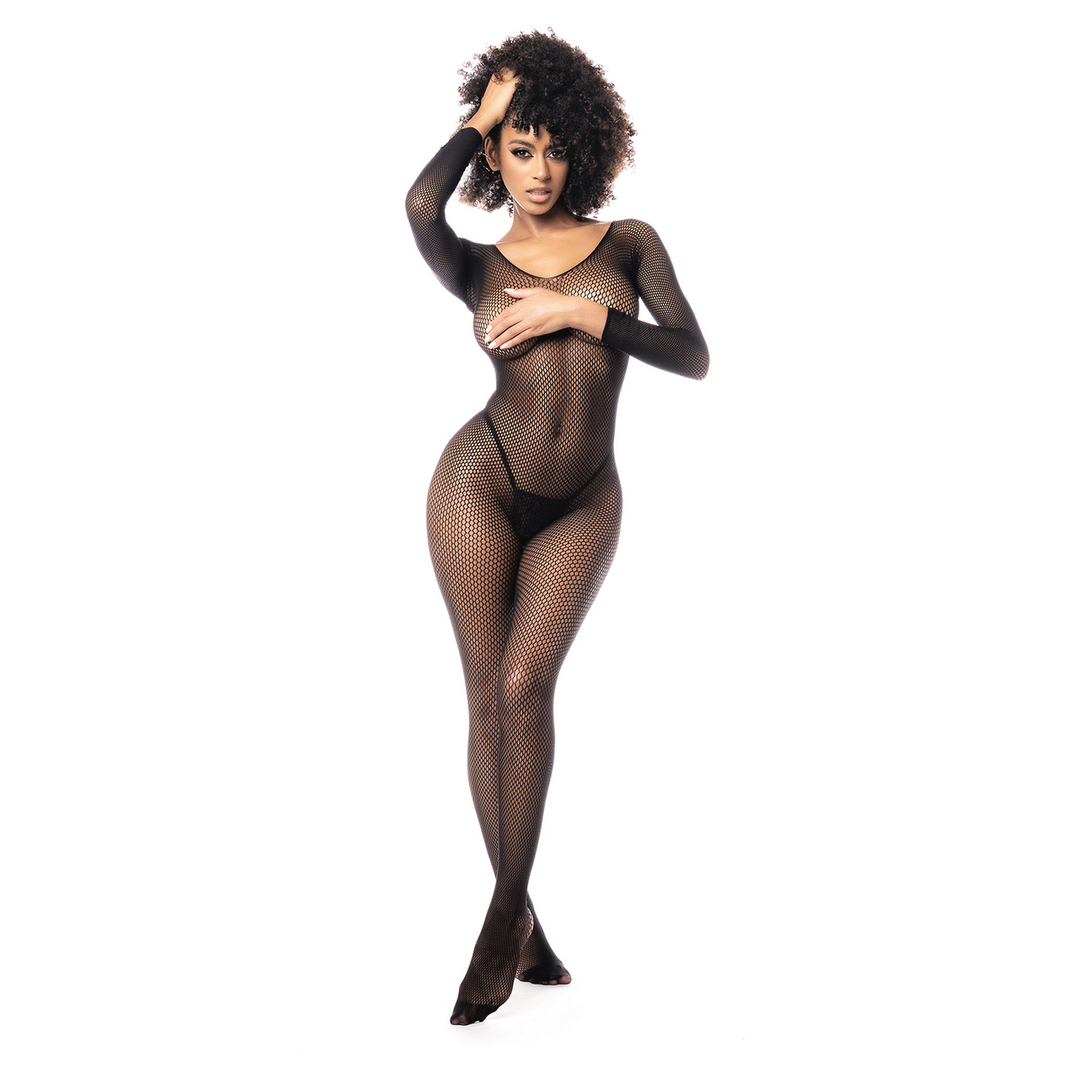 Langarmige Visnet Bodystocking - Één maat - Zwart - Afbeelding 3