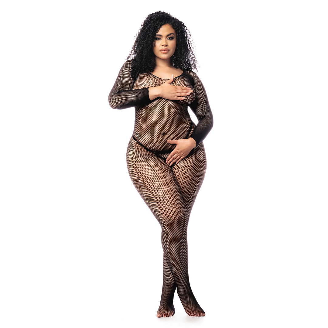 Langarmige Visnet Bodystocking - Koning Maat - Zwart - Afbeelding 3