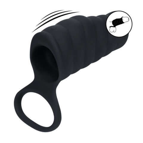 Vibrerende Geribbelde Siliconen Cock Sleeve en Ball Ring - Zwart
