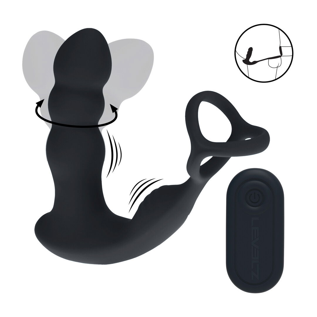 Dual Vibrating Remote Rotating Head Silicone Prostate Stimulator with Cock and Ball Ring - Black