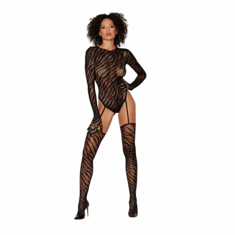Teddy Bodystocking met Vingerhandschoenen Diamant - Één Maat - Zwart