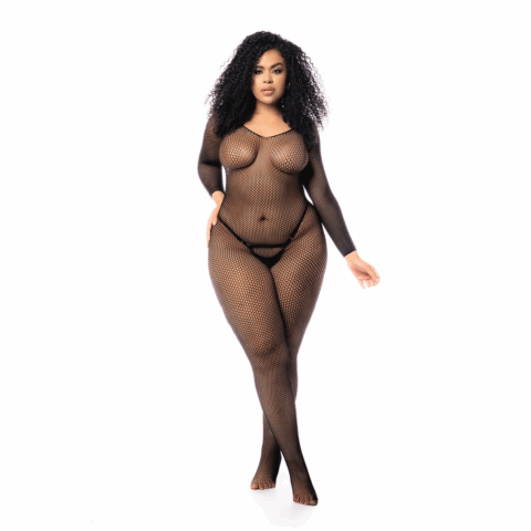 Langarmige Visnet Bodystocking - Koning Maat - Zwart