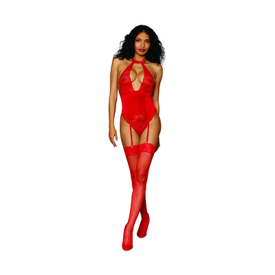Dames Stretch Kant en Stretch Fluweel Garter Teddy - Één maat - Rood - Afbeelding 2