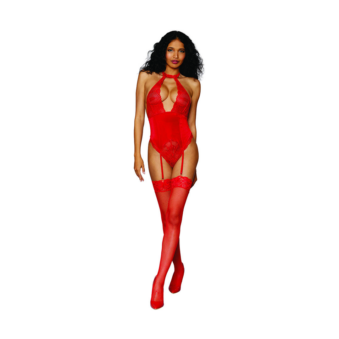 Dames Stretch Kant en Stretch Fluweel Garter Teddy - Één maat - Rood