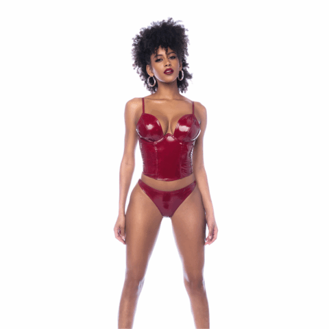 Twee Delige Bustier Set - L - Glanzend Wijnrood