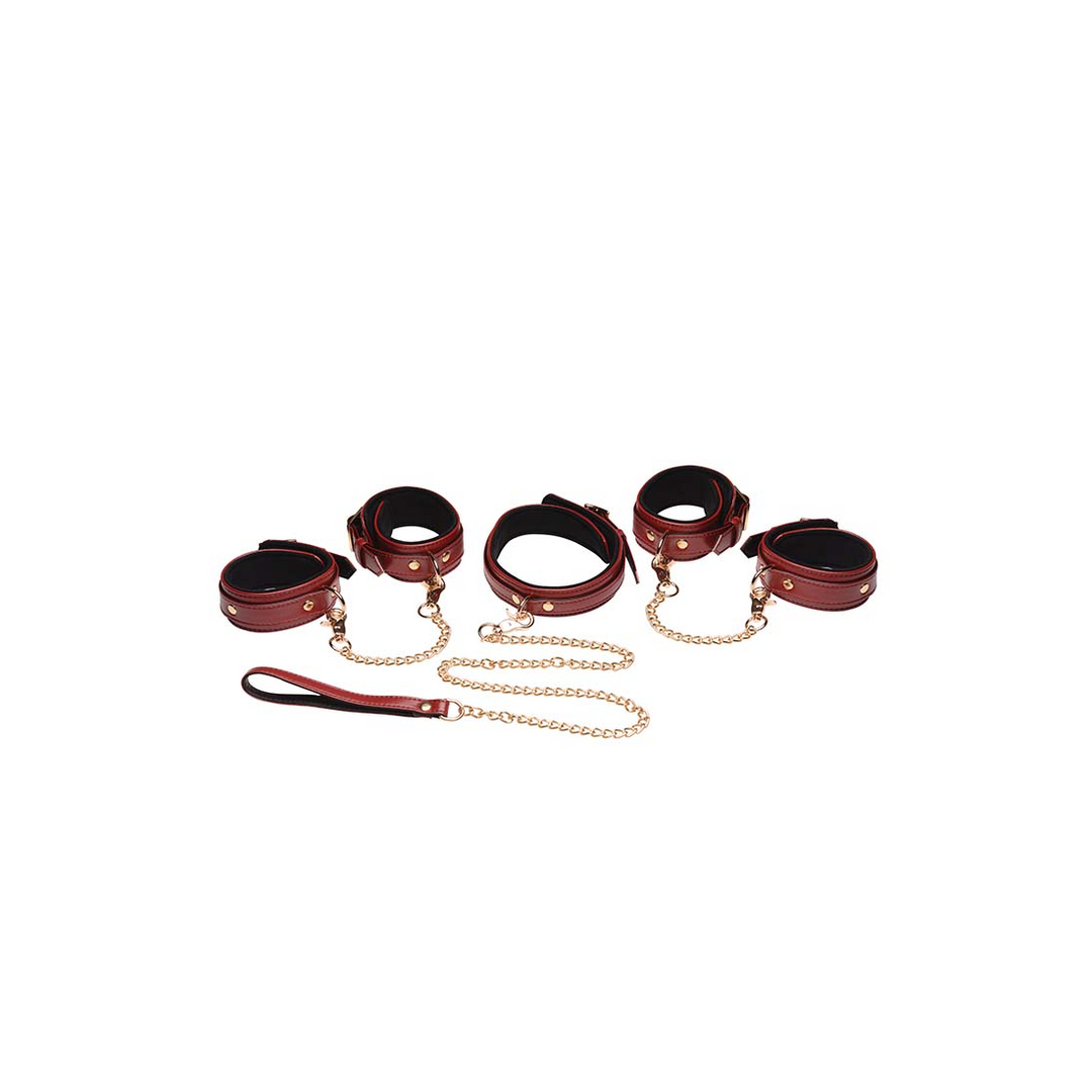 6-delige bordeaux bondage set met cuffs, halsband en riem - Afbeelding 3