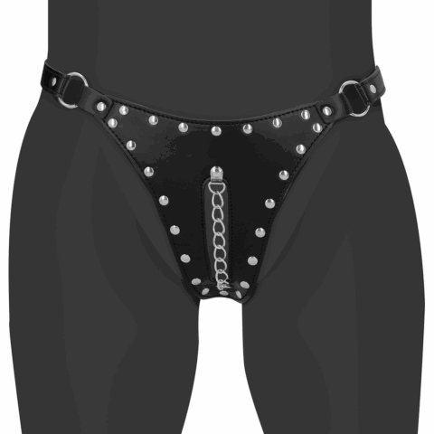 PU Leren Chastity Thong met Keten Detail - Zwart