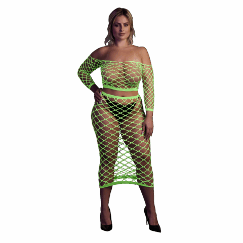 Langermige Crop Top en Lange Rok - Plus Size - Neon Groen