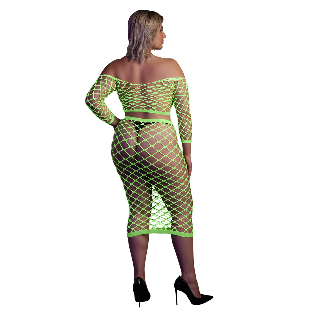 Langermige Crop Top en Lange Rok - Plus Size - Neon Groen - Afbeelding 3