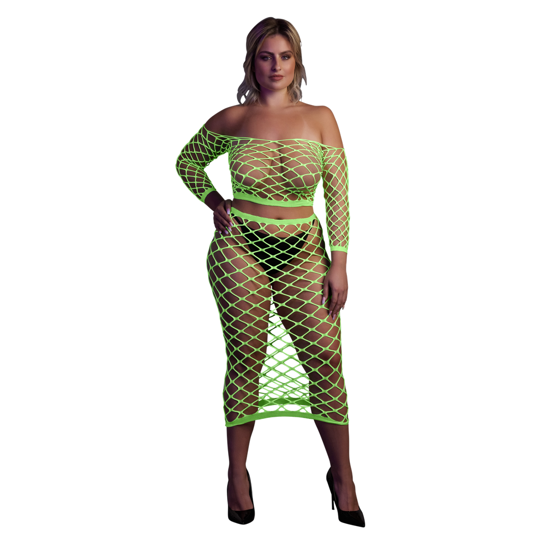 Langermige Crop Top en Lange Rok - Plus Size - Neon Groen