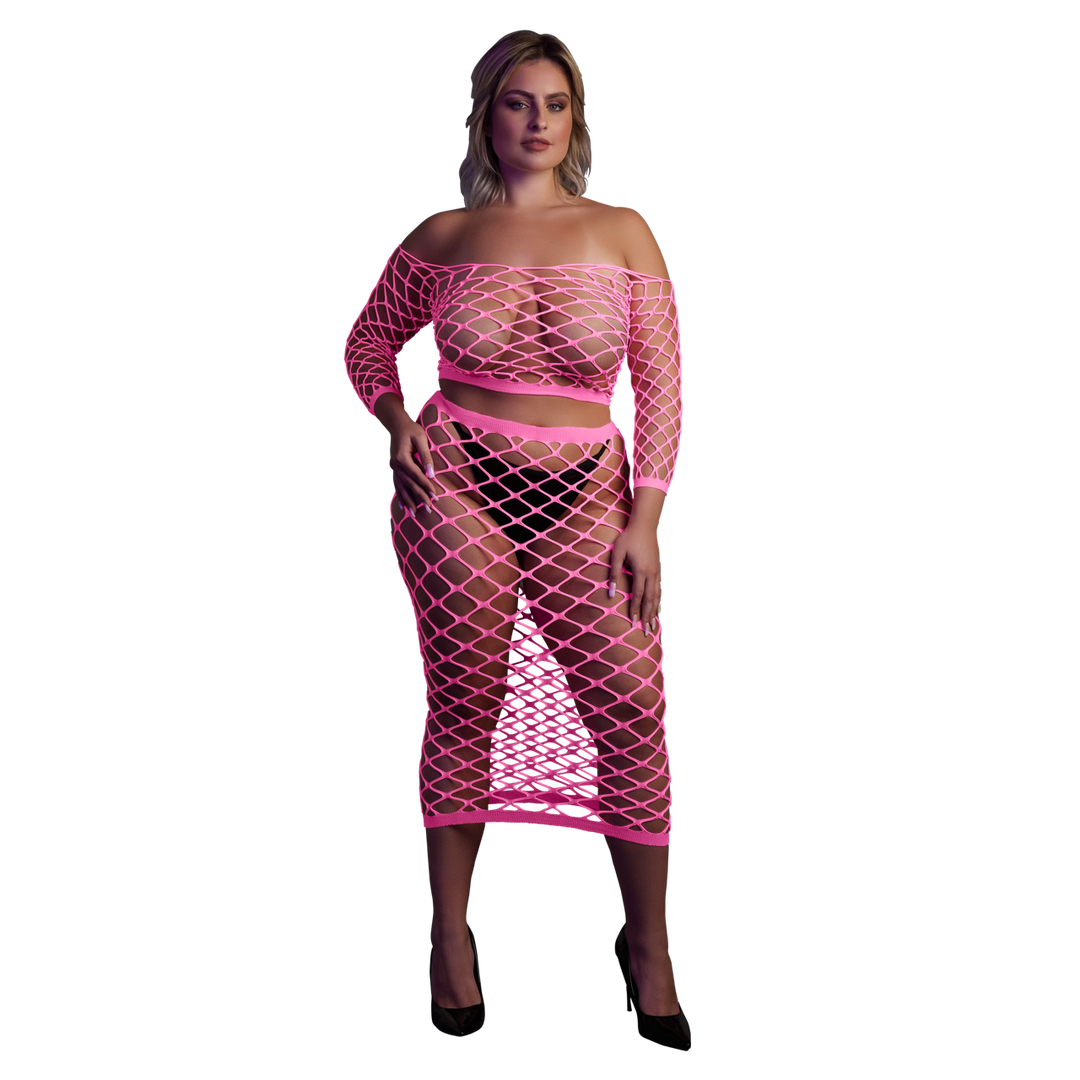 Langemouwen Crop Top en Lange Rok - Plus Size - Neon Roze