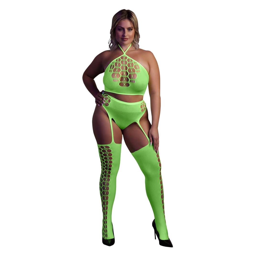 Twee-delige set met crop top en kousen - Plus Size - Neon Groen