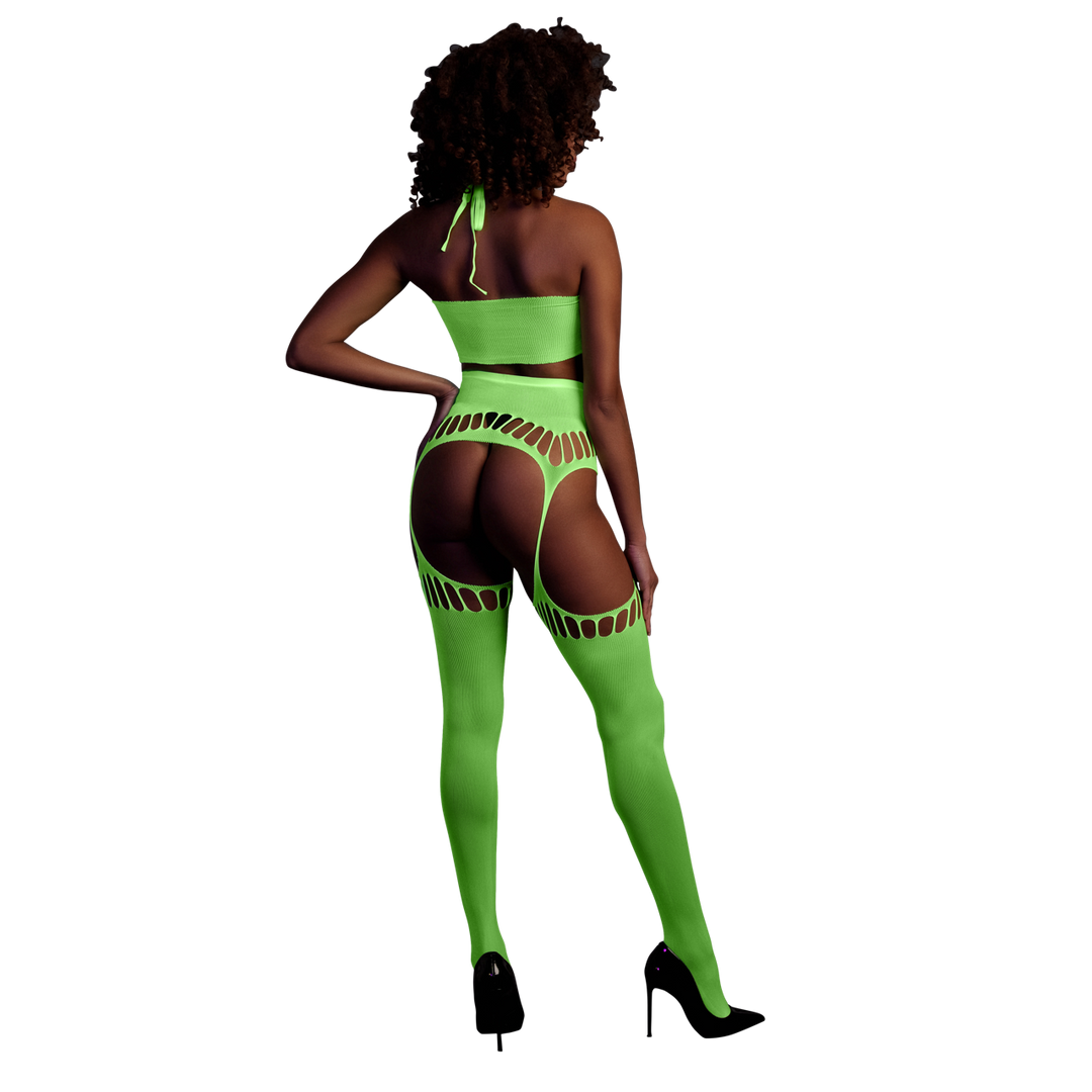 Twee-delige set met crop top en panty - One size - Neon groen - Afbeelding 3