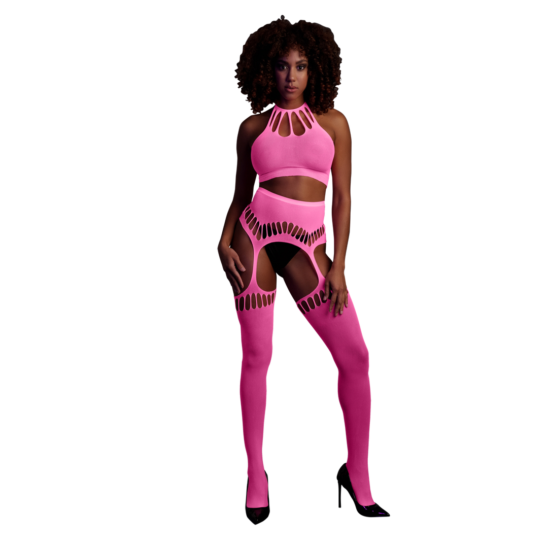 Twee Delige Set met Crop Top en Kousen - One Size - Neon Roze