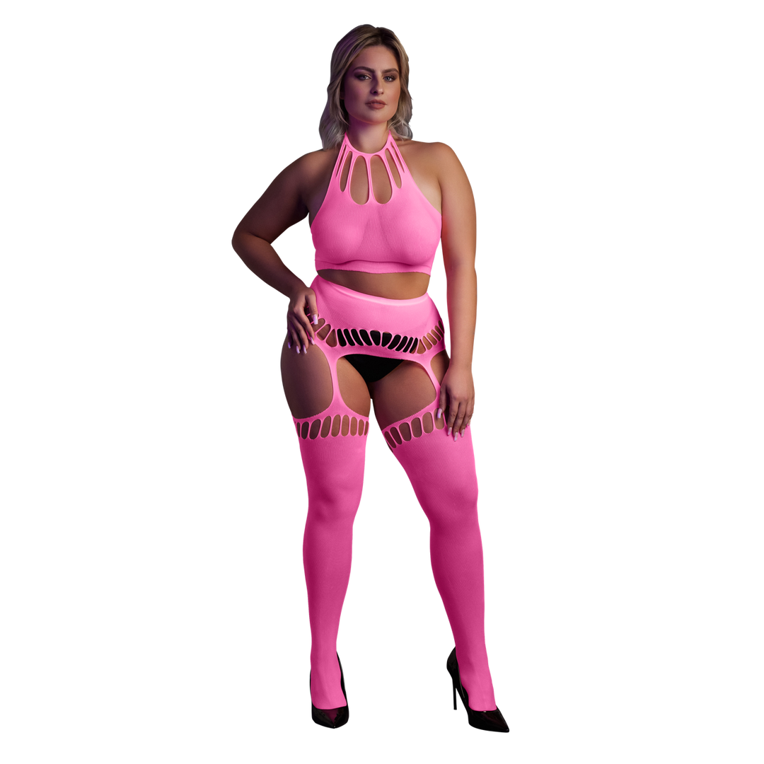 Twee-delige set met crop top en kousen - Plus Size - Neon Roze