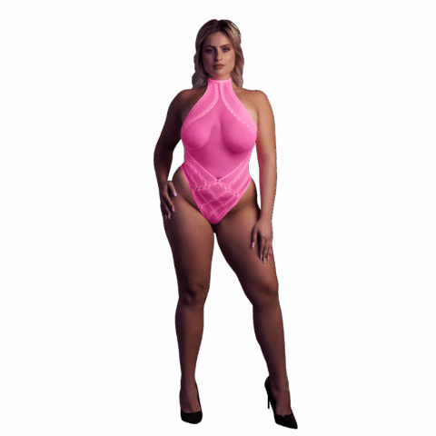 Body met Halternek - Plus Size - Neon Roze