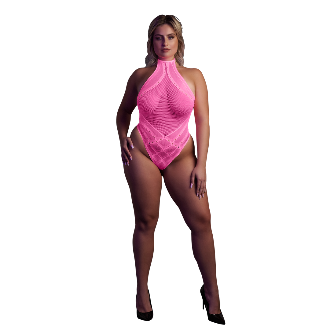 Body met Halternek - Plus Size - Neon Roze