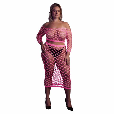 Langemouwen Crop Top en Lange Rok - Plus Size - Neon Roze