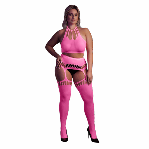Twee-delige set met crop top en kousen - Plus Size - Neon Roze