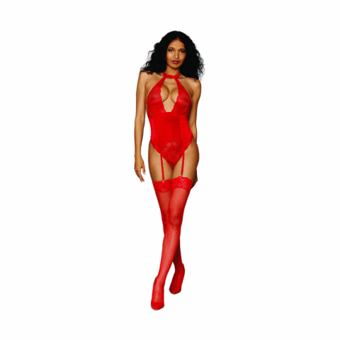 Dames Stretch Kant en Stretch Fluweel Garter Teddy - Één maat - Rood