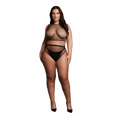 2-delige Crop Top - Pantie en Fishnet Structuur - OSX - Zwart