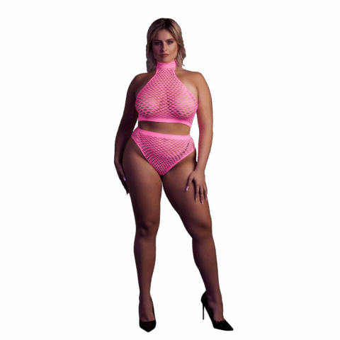 Turtleneck en Hoge Taille Slip - Plus Size - Neon Roze