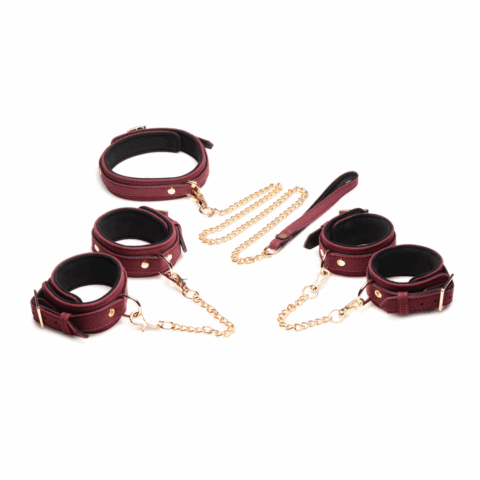 6-delige Velvet Burgundy Bondage Set met Cuffs, Collar en Belt