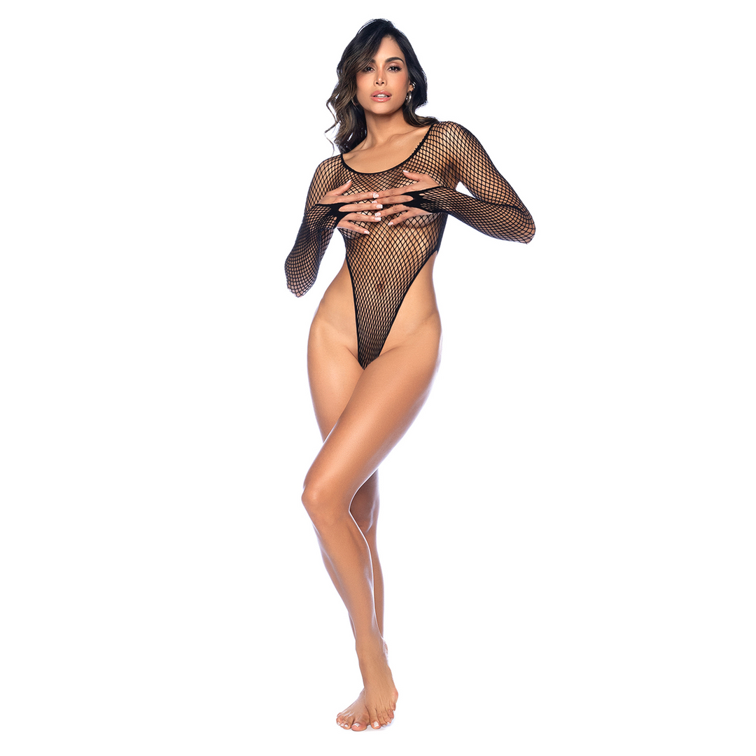 Langarm Fishnet Bodysuit - One Size - Zwart - Afbeelding 3