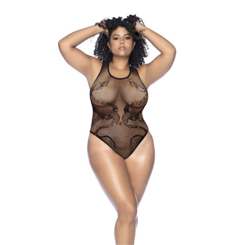 Slangen Visnet Rhinestone Bodysuit - Koning Maat - Zwart/Rhinestone