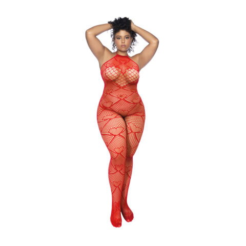 Hart Visnet Bodystocking met Strass Detail - Koning Maat - Rood