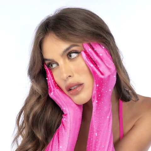 Satin Strass Opera Handschoenen - Één Maat - Roze/Strass