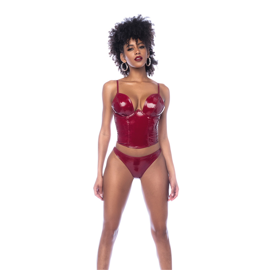 Twee Delige Bustier Set - L - Glanzend Wijnrood